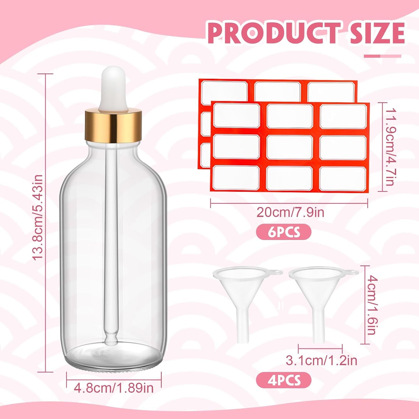 Dandat 50 Pack 4 oz Glass Dropper Bottles Leakproof 120 ml Glass Tincture Bottles with Eye Droppers, 4 Funnels, 54 Labels for Essential Oil Perfumes Hair Oil(Clear)