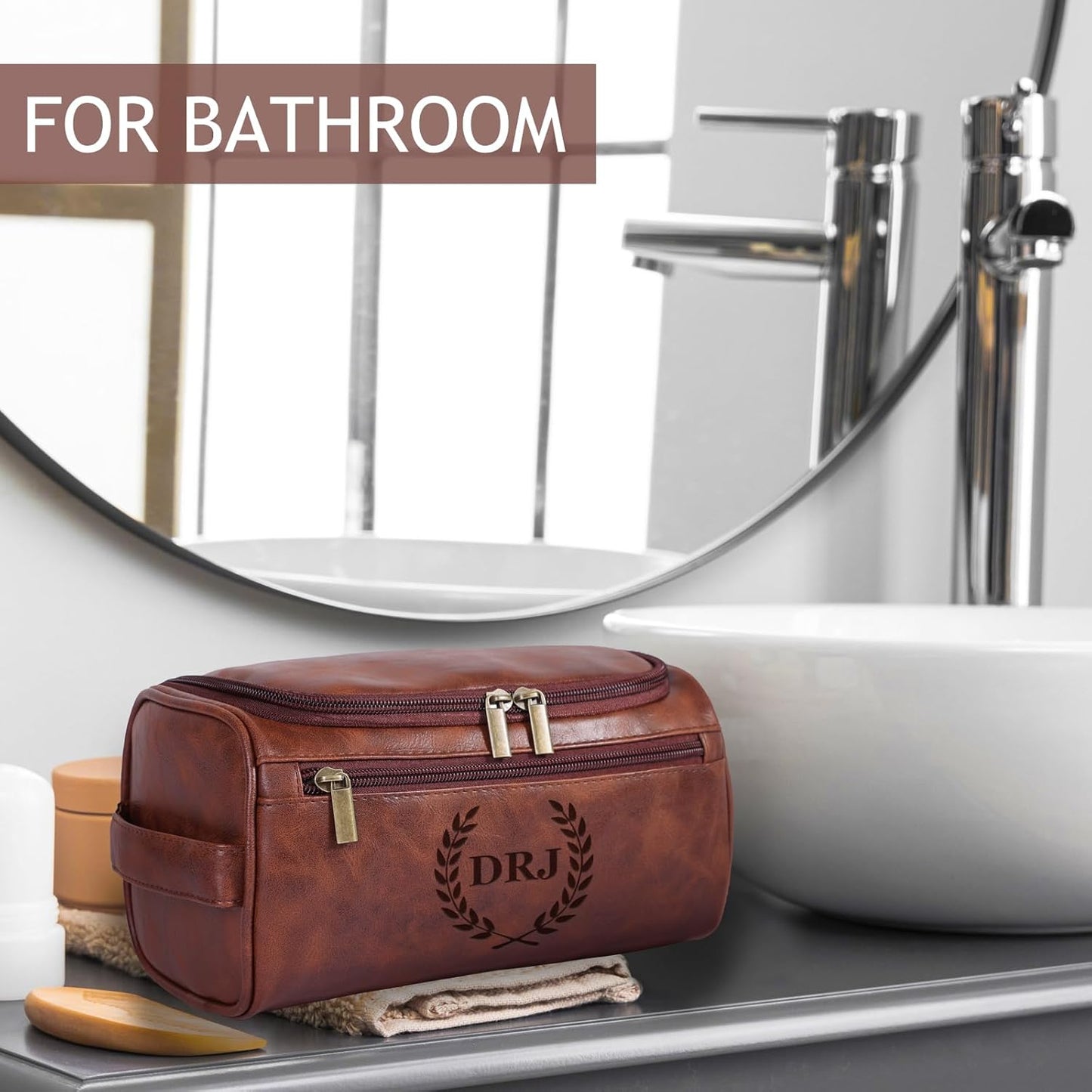 Personalized Leather Toiletry Bag for Men, Custom Engraved Travel Dopp Kit Bag, Customized Name Initials Gift for Groomsmen, Best Man, Father's Day, Wedding, Birthday, Husband, Grandpa