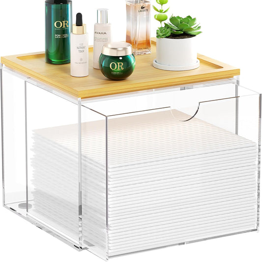 VITVITI Drawer Disposable Face Towel Holder Box, Acrylic Facial Towel Container for XL Clean Skin Club, Large Disposable Face Towel Storage with Bamboo Lid, for Bathroom, Vanity Makeup, Clear
