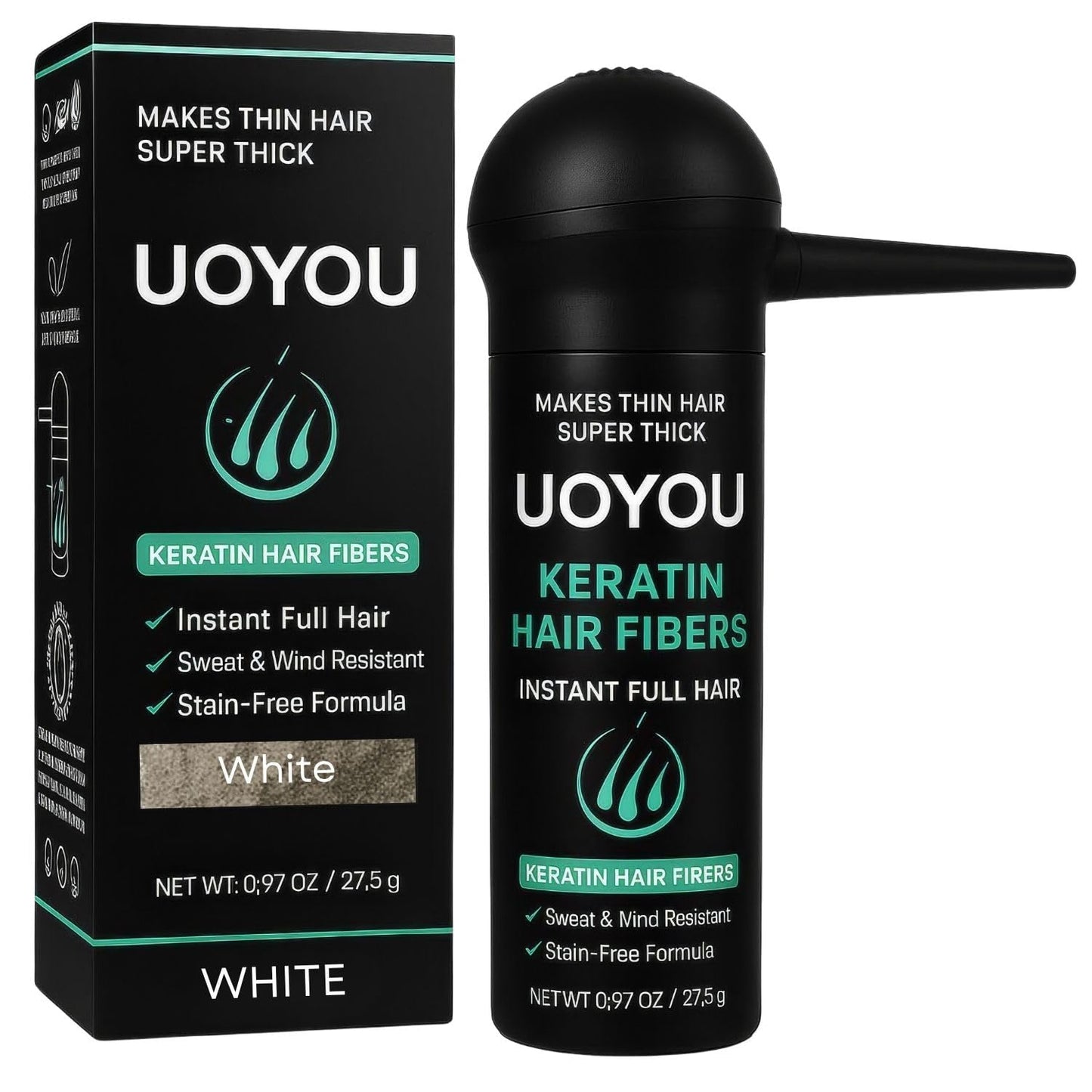 WHITE Hair Fibers for Thinning Hair 27.5g Bottle with Applicator | Undetectable & Natural Keratin Hair Fibers Concealer for Hair Loss for Men and Women | Hair Building Fibres Powder [WHITE]
