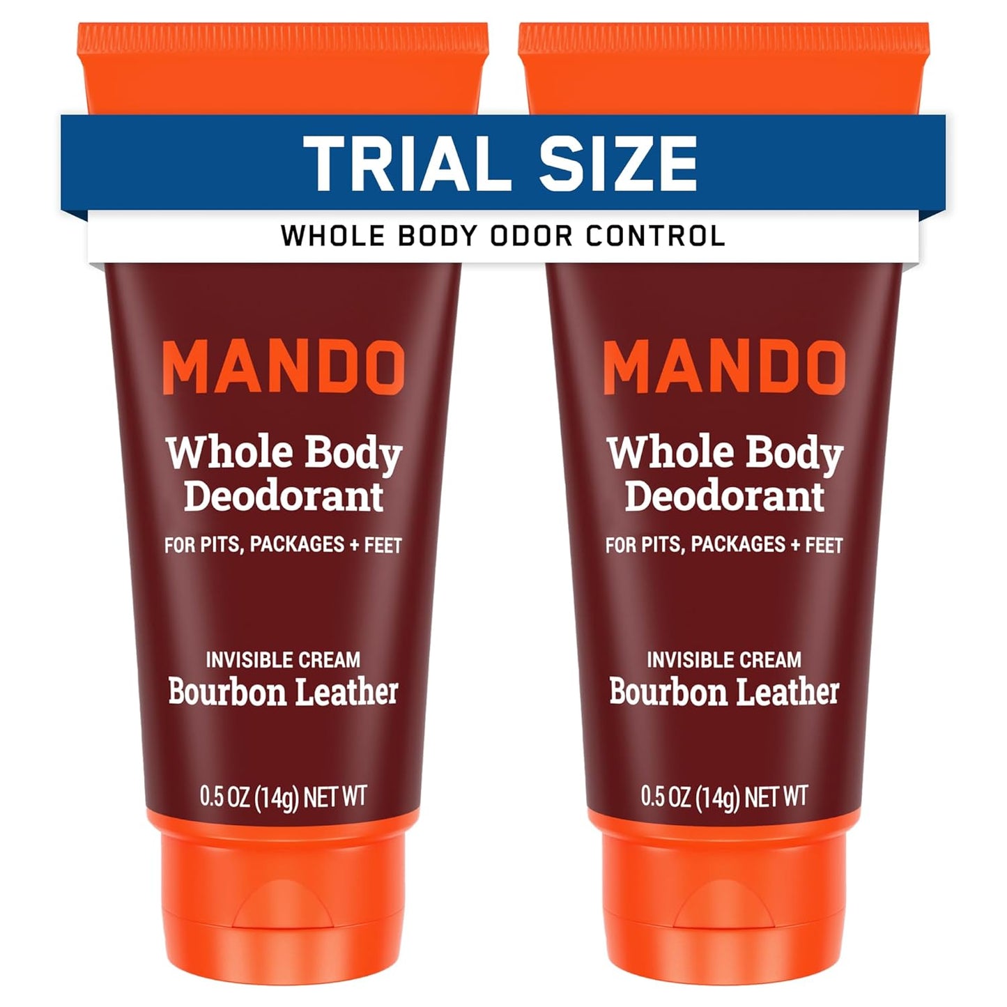 Mando Whole Body Deodorant - Mini Travel Size Invisible Cream Tube - 72 Hour Odor Control - Aluminum and Baking Soda Free, Skin Safe - .5 oz (Pack of 2) (Bourbon Leather)