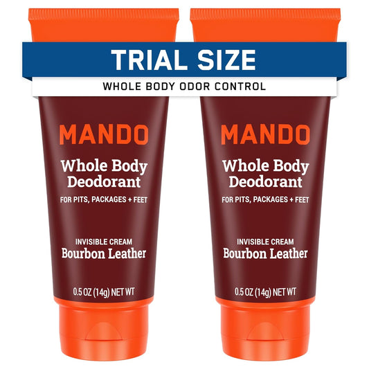 Mando Whole Body Deodorant - Mini Travel Size Invisible Cream Tube - 72 Hour Odor Control - Aluminum and Baking Soda Free, Skin Safe - .5 oz (Pack of 2) (Bourbon Leather)