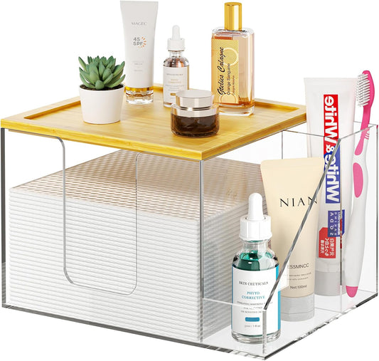 VITVITI Disposable Face Towel Holder Box, Acrylic Clean Skin Club Facial Towel Container with Toothbrush Holders, Large Disposable Face Towels Storage for Bathroom Vanity Makeup, Clear