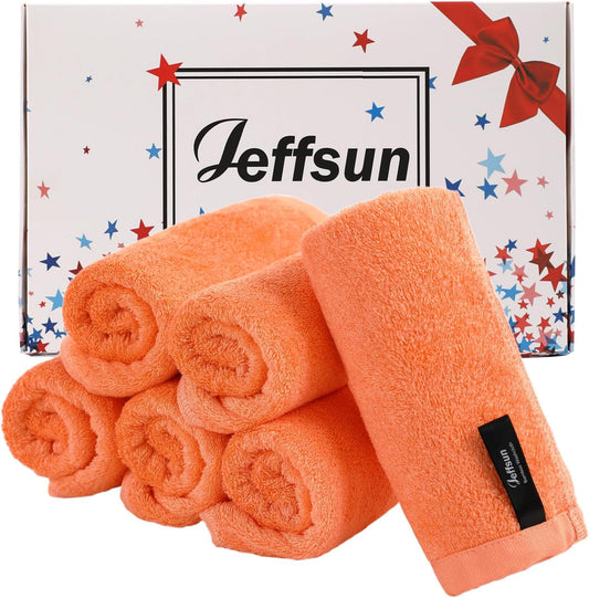 Face Towels 6 Pack, Extra Large 13x13 inch Orange Wash Cloths for Face and Body, Super Soft and Absorbent Bath Washcloths on Sensitive Skin, Easy to Clean Quick Dry Facial Cleaning Cloths with Loop