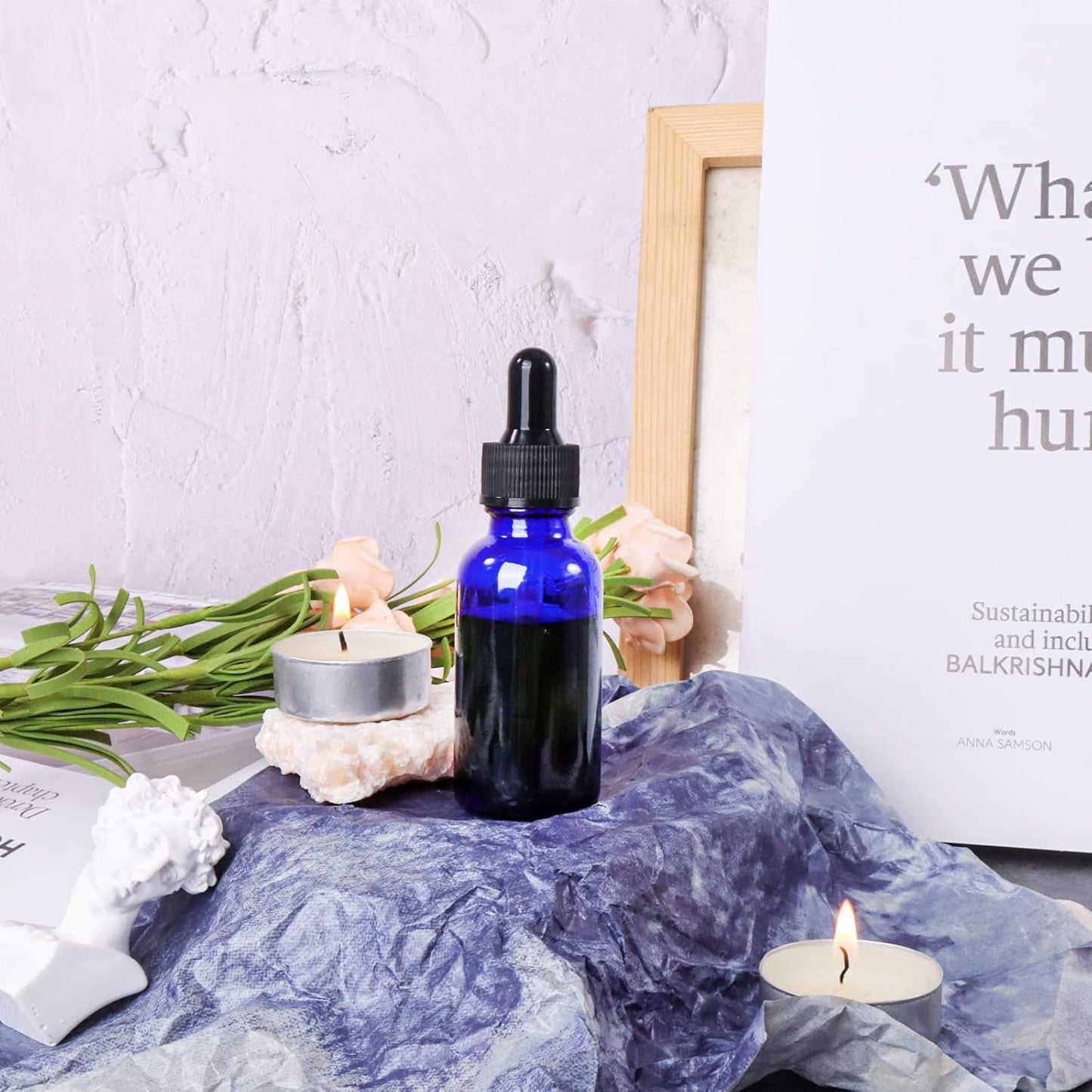 48 Pack 1oz Cobalt Blue Glass Bottles with Glass Eye Droppers for Essential Oils, Perfumes & Lab Chemicals (Brush, Funnels, 2 Extra Droppers, 54 Pieces Labels & 30ml Measuring Cup Included)