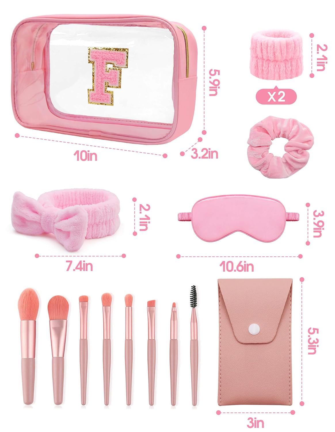 Gift Sets for Women, Initial Makeup Bag with Makeup Brush Set Bachelorette Party Favors, Pink Spa Kit with Skincare Headbands Wrist Bands Sleepover Party Supplies Gifts for Teen Girls Bridesmaid F