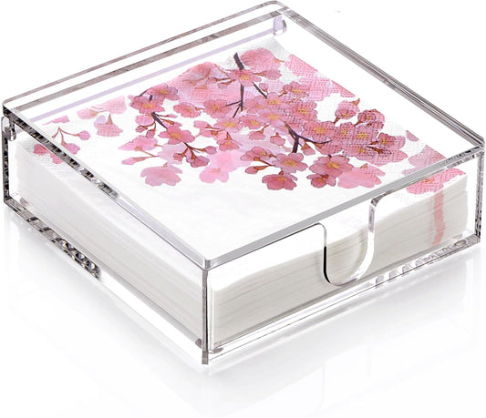 DINGHUO Acrylic Napkin Holder, 7"x 7"x 2.4" Flat Luncheon Napkin Dispenser with Lid, Clear Flip-top Waterproof Paper Napkin Container Organizer for Table, Kitchen, Indoor & Outdoor, Bathroom Vanity