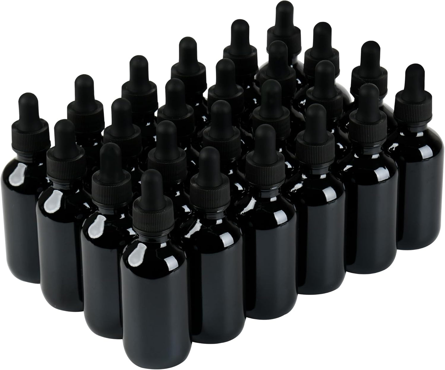 BILLIONSTARS 24 Pack 2oz Glass Boston Round Bottle with Graduated Calibrated Glass Pipettes - UV Black - Tincture Bottles for Essential Oils, Liquids - Leakproof Travel Bottles