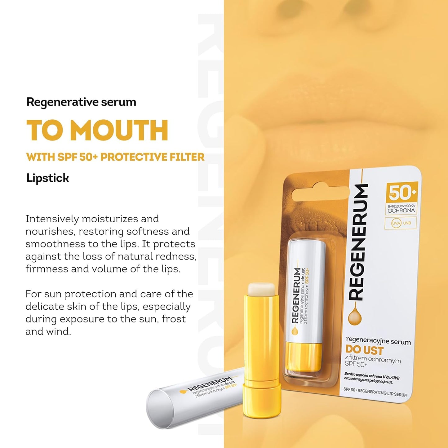 SPF 50+ Regenerating Lip Serum - Sunscreen and Conditioner, Hydrating and Nourishing Vitamin E Prevents Dryness and Pigment Loss - 5g
