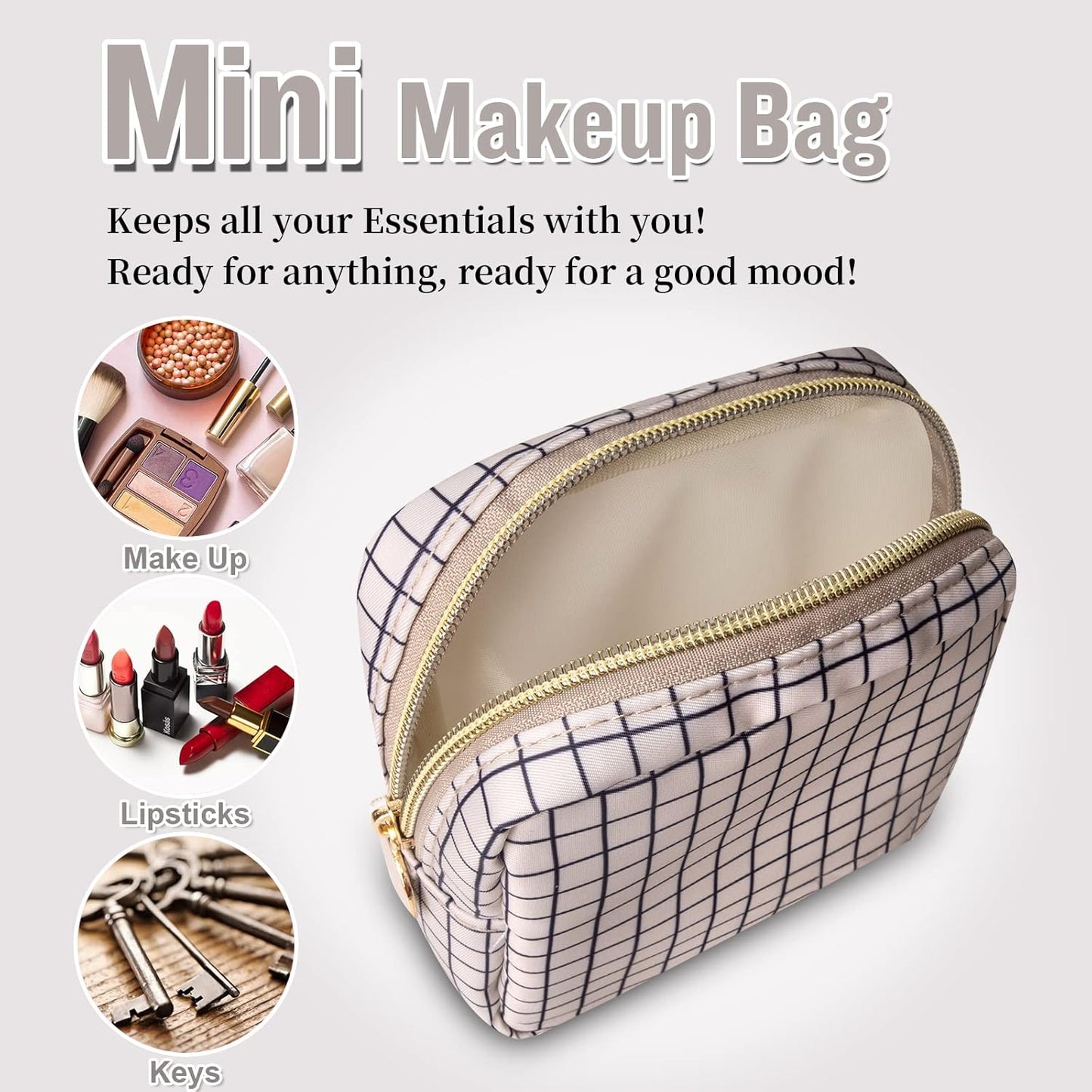 Nylon Mini Makeup Bag for Purse, Small Cute Checkered Makeup Bag Preppy Cosmetic Zipper Pouch Purse, Travel Coin Pouch Sanitary Napkin Storage Bag Clutch Make Up Organizer for Women Girls(Checkered)