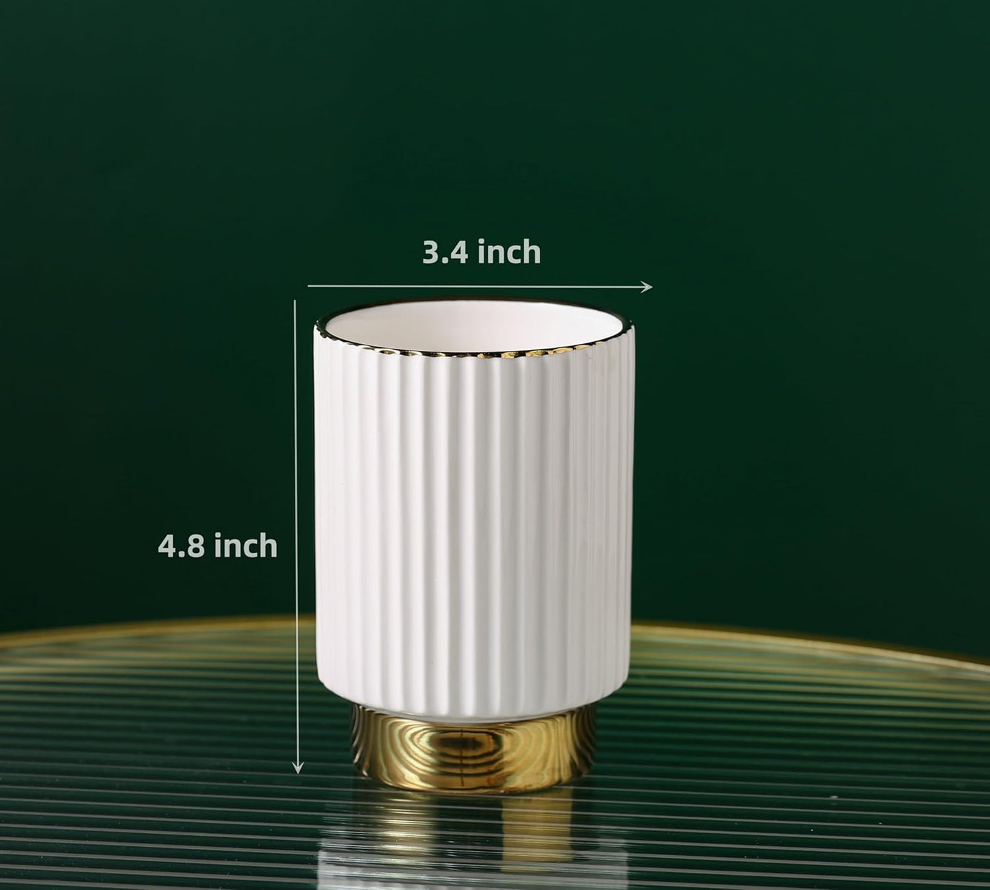 IEEK Makeup Brush holder Organizer,Glass Cosmetic Makeup Brush Cup Ceramics Brushes Storage Holder,White and Gold Modern Make Up Brush Cup Pen Pencil Holder Striped Vase