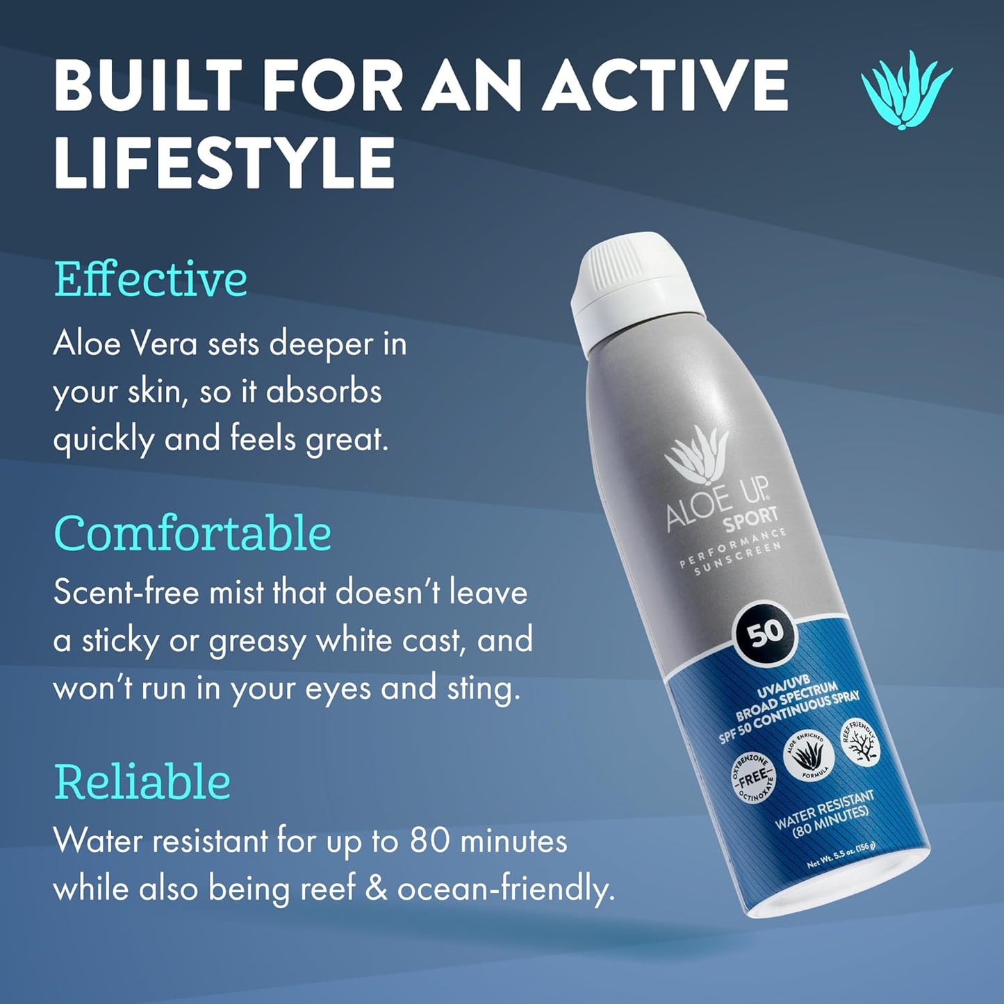 Aloe Up Sport Continuous Spray Sunscreen SPF 50- Broad Spectrum UVA/UVB Sunscreen Protector for Face and Body With Aloe Vera Gel Fast Absorbing Sheer Formula Reef Safe Fragrance-Free - 6 Oz 2 pack