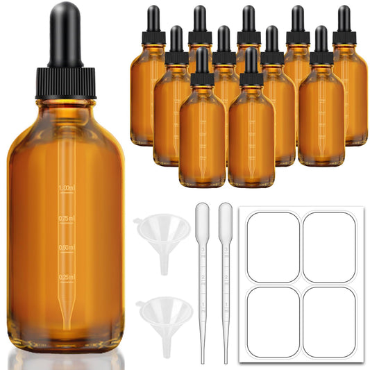 Bumobum Dropper Bottle 4 oz, 12 pack Amber Glass Eye Dropper Bottles for Essential Oils with Labels and Funnel, 120 ml Tincture Bottle with Plastic Measured Dropper