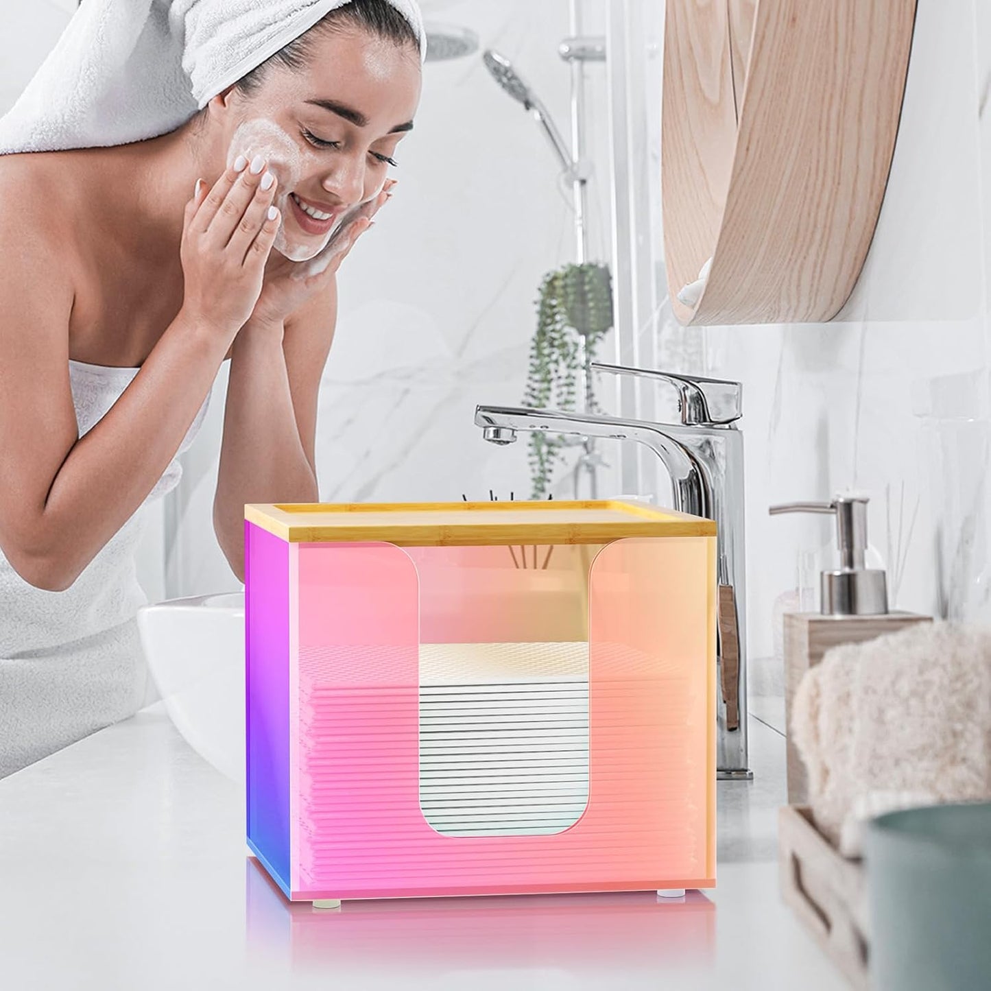 VITVITI Disposable Face Towel Holder Box, Acrylic Facial Towel Container for XL Clean Skin Club, Large Disposable Face Towels Storage with Bamboo Lid, for Bathroom, Vanity Makeup, Rainbow