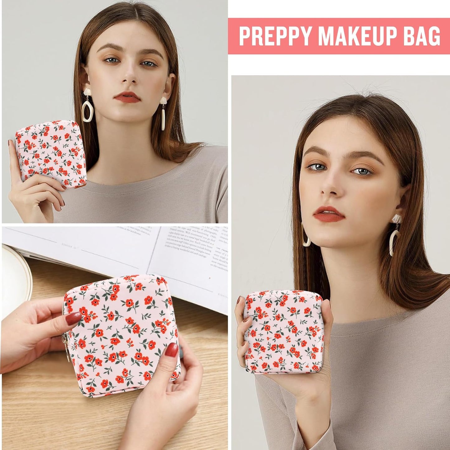 Nylon Mini Floral Makeup Bag for Purse, Small Cute Pink Makeup Bag Preppy Flower Cosmetic Zipper Pouch, Waterproof Travel Coin Pouch Sanitary Napkin Storage Bag Makeup Organizer for Women(Pink-Floral)