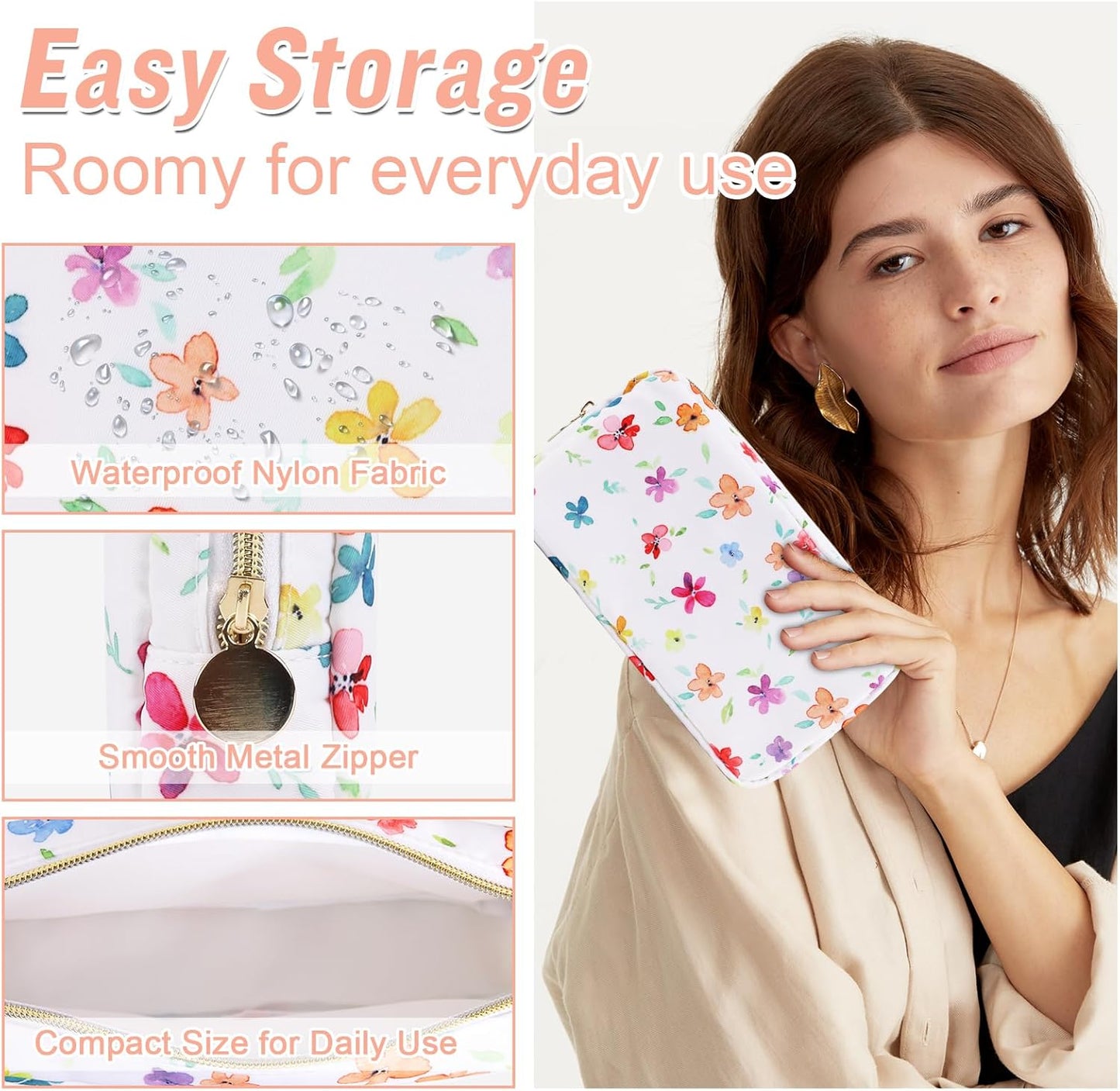 Nylon Small Floral Makeup Bag for Purse, Cute Preppy Makeup Bag Flower Cosmetic Zipper Pouch Purse, Waterproof Portable Travel Toiletry Makeup Brush Bag Organizer Storage for Women Girls(White-Flower)