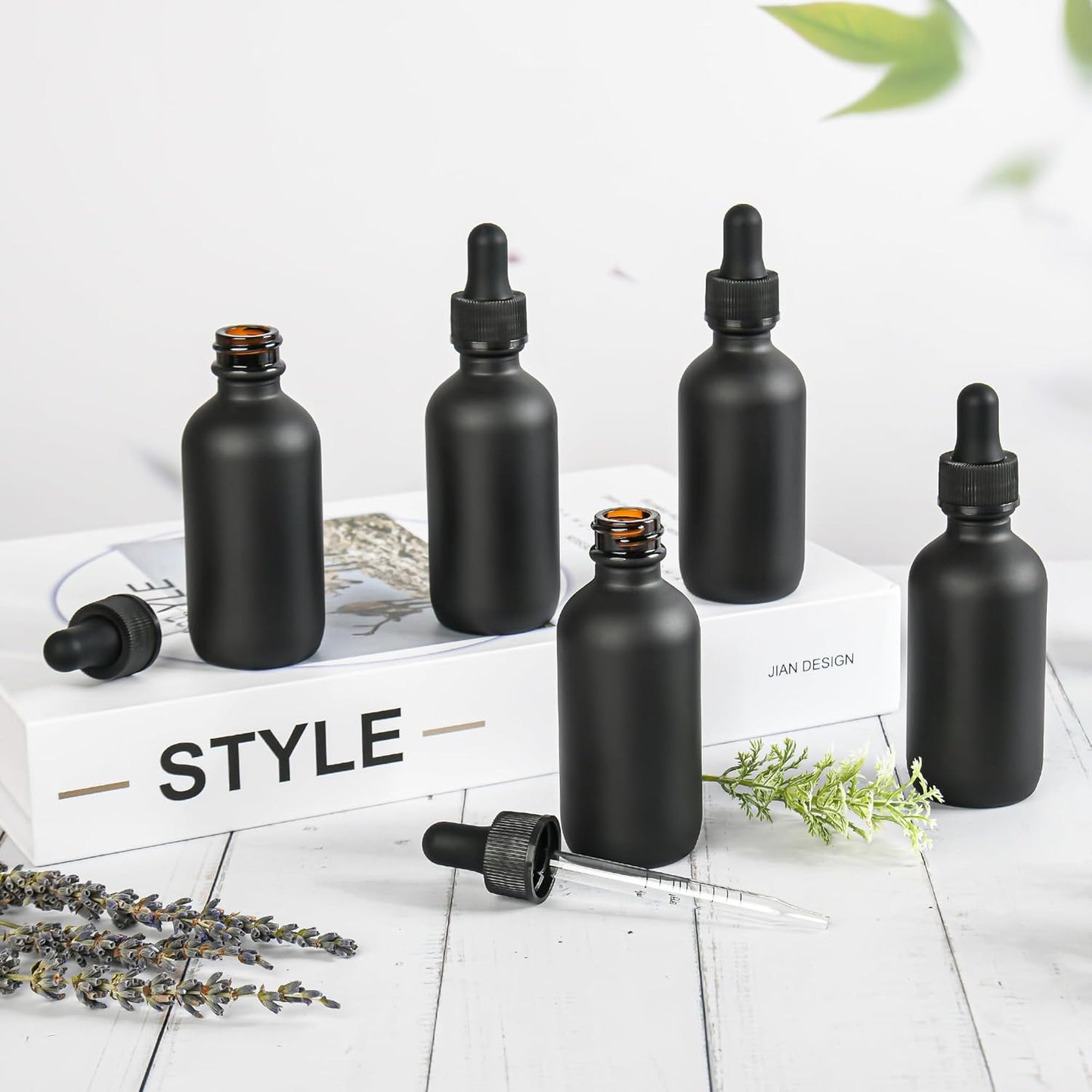 BILLIONSTARS 48 Pack 2oz Glass Boston Round Bottle with Graduated Calibrated Glass Pipettes - Black Frosted - Tincture Bottles for Essential Oils, Liquids - Leakproof Travel Bottles