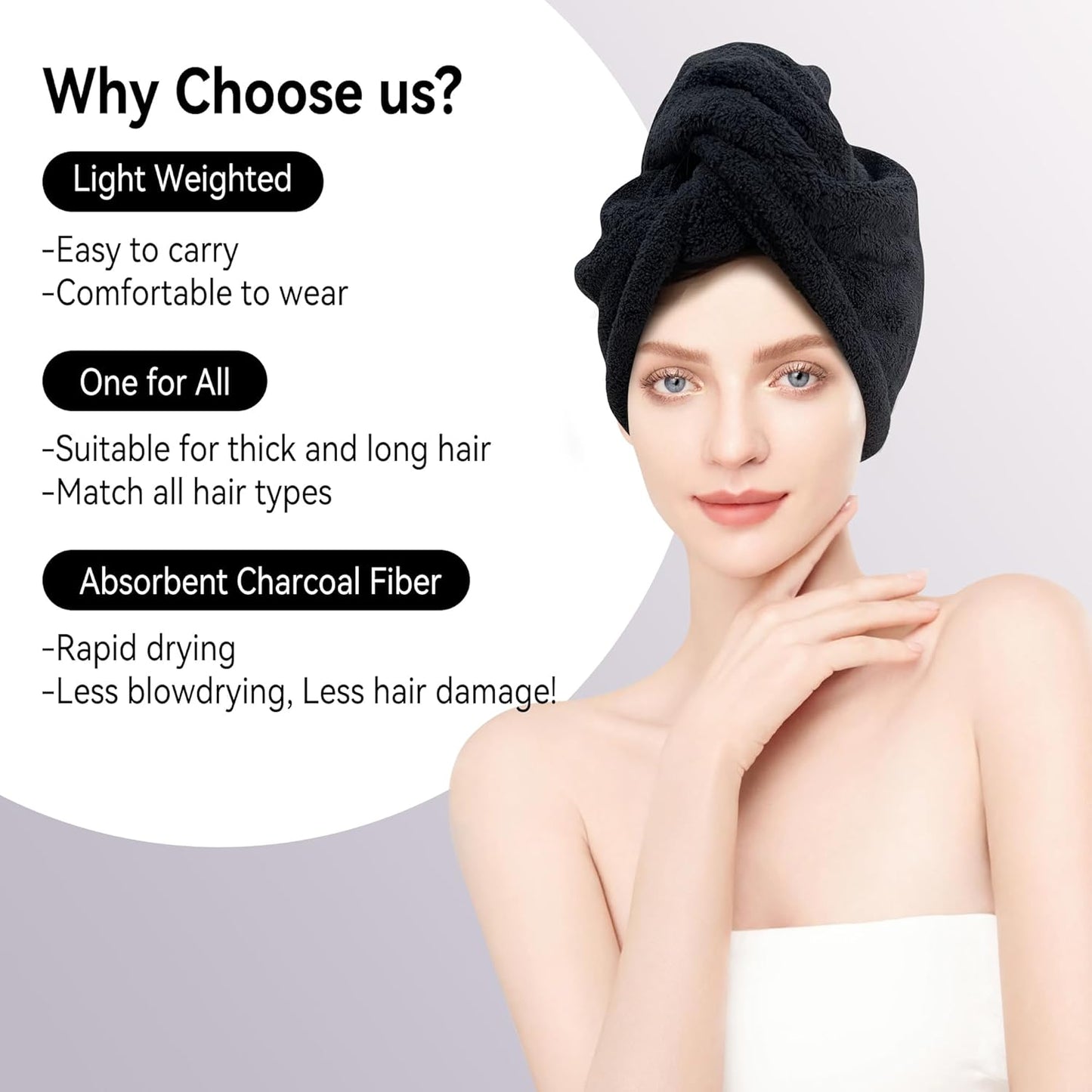 1 Pack Microfiber Hair Towel,Quick Dry Hair Towel Wrap Turbie for Women Kids,Super Absorbent Fast Head Wraps Drying Towel with Button for Wet Curly Hair(Black 25.6x9.8 Inch)