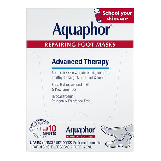 Aquaphor Repairing Foot Masks, Moisturizing Socks for Dry Feet, Hydrating Foot Care Treatment with Avocado Oil and Shea Butter, Pack of 6