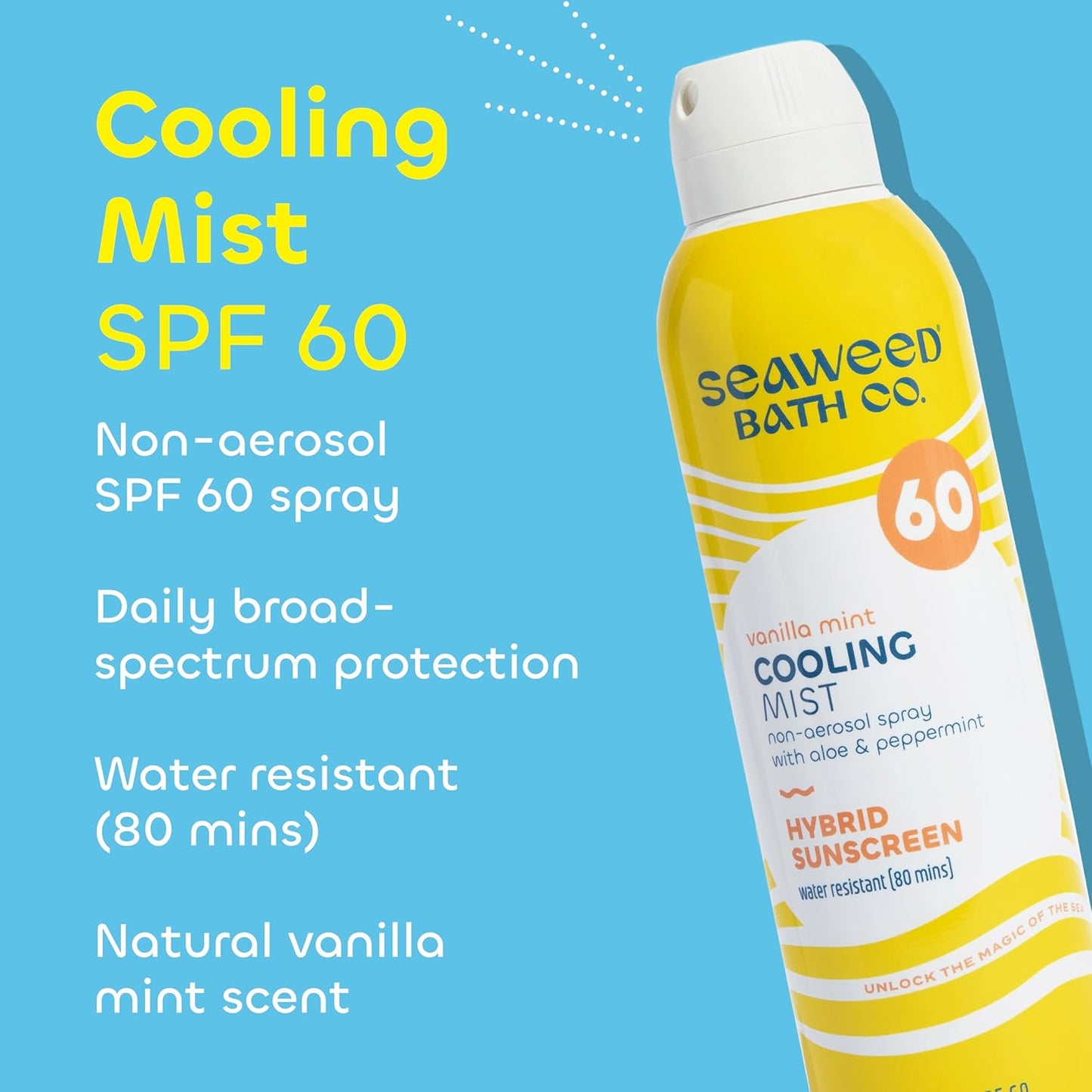 Seaweed Bath Co. Cooling Mist SPF 60 Sport Broad Spectrum Hybrid Sunscreen Spray, 6 Ounce, Sustainably Harvested Seaweed, Aloe, Peppermint