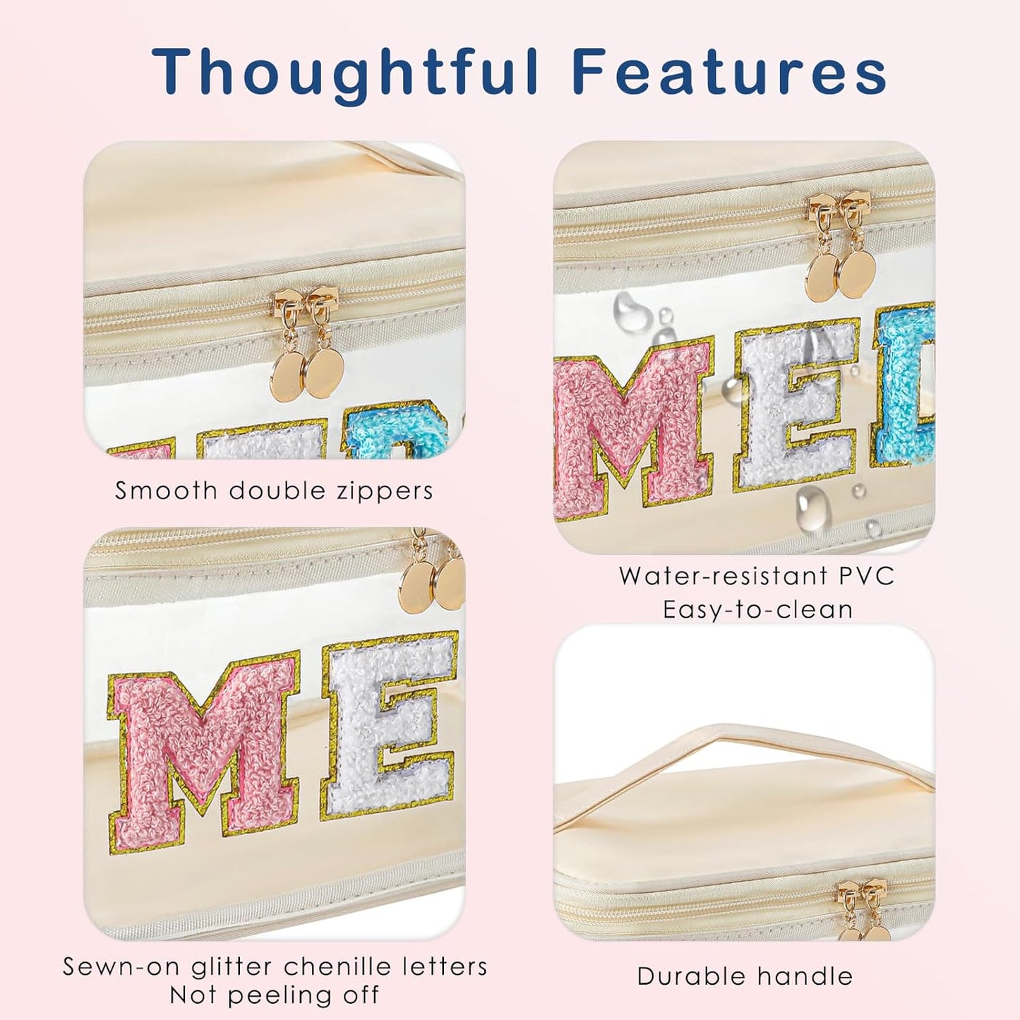 Chenille Letter Clear Medicine Makeup Bag, Large Size Waterproof Nylon Cosmetic Toiletry Storage bag with Top Handle, Transparent Meds First Aid Travel Organizer Cosmetic Bag(03Beige)