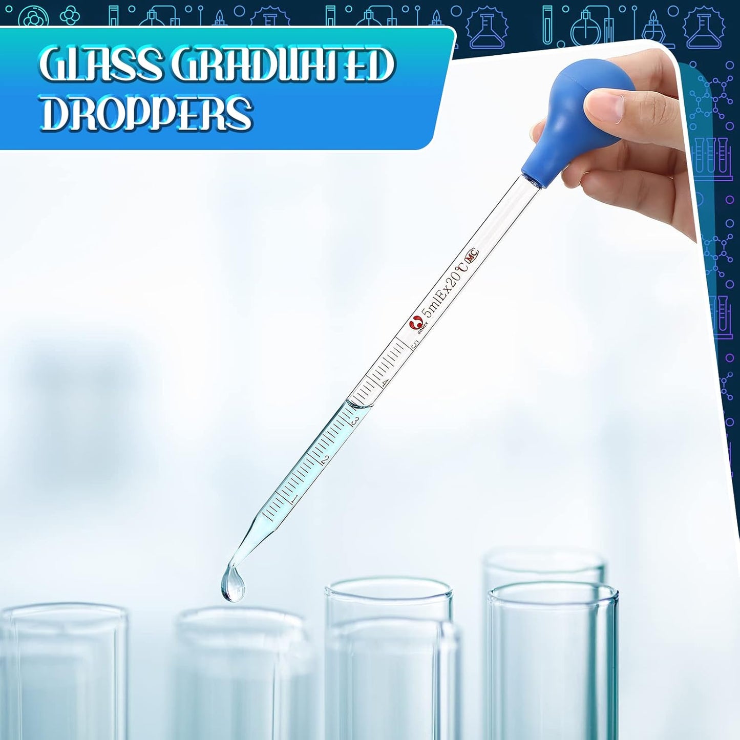 Weewooday Glass Droppers Pipettes Graduated Lab Dropper Glass Liquid Pipette with Big Rubber Hats 20 cm Stir Rod Washing Brush Transfer for Liquid Essential Oil(16 Pieces,Blue,5 Ml, 10 ml)