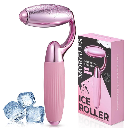 MORGLES Ice Roller for Face, Professional Face Roller Cryotherapy Tool to Reduce Puffiness, Redness & Headaches, Tighten Skin and Improve Lymphatic Drainage with Ergonomic Handle (Pink)