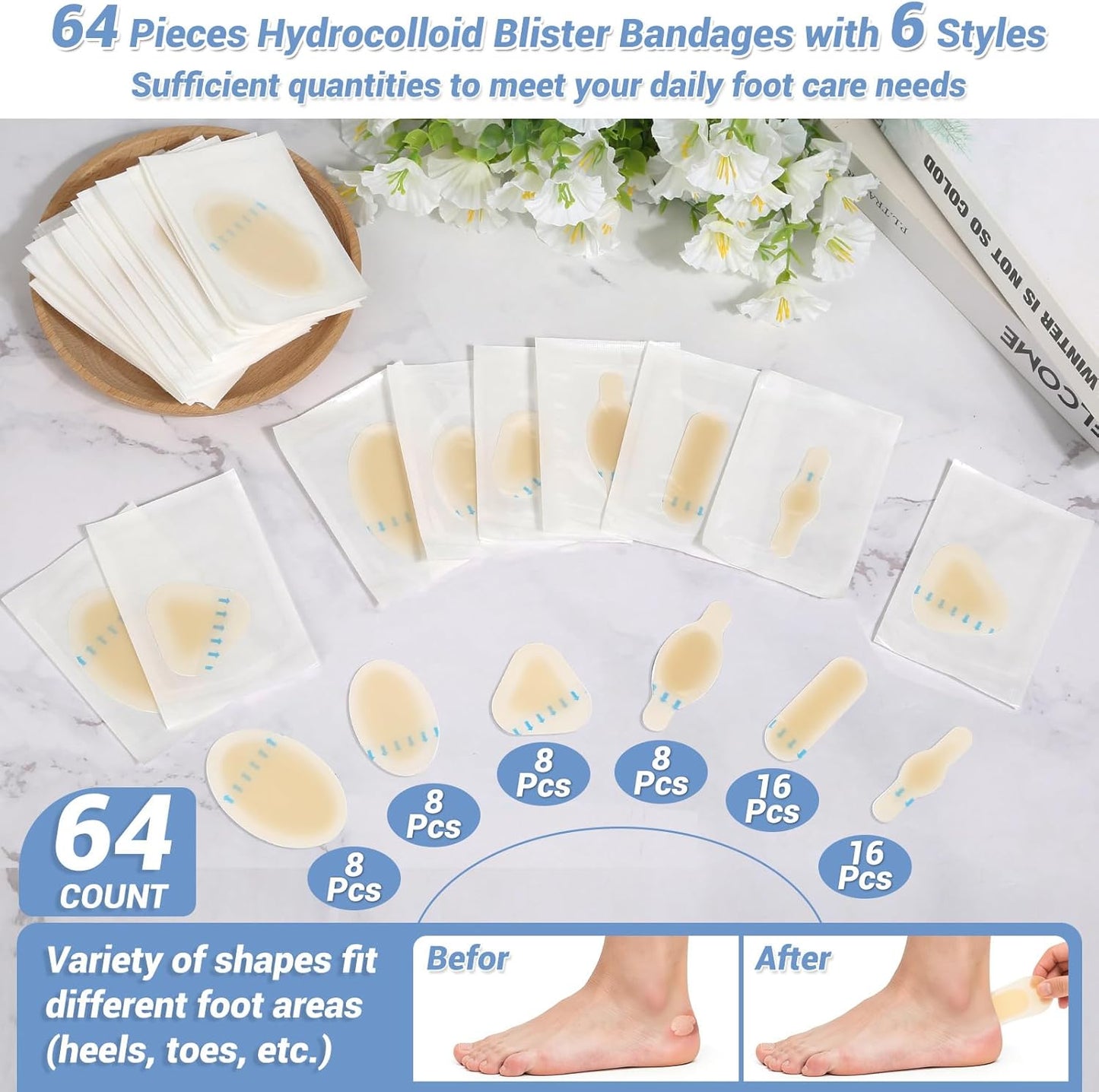 64 Pieces Hydrocolloid Blister Bandages for Feet - 6 Styles Waterproof Adhesive Blister Pads, Blister Patches for Heel, Foot, Toe, Blister Cushions for Prevention