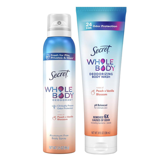 Secret Whole Body Feminine Wash + Deodorant Spray Bundle for Women, Peach + Vanilla Blossom Scent, Aluminum Free, Odor Protection, 8.0 oz & 3.5 oz (Pack of 2)