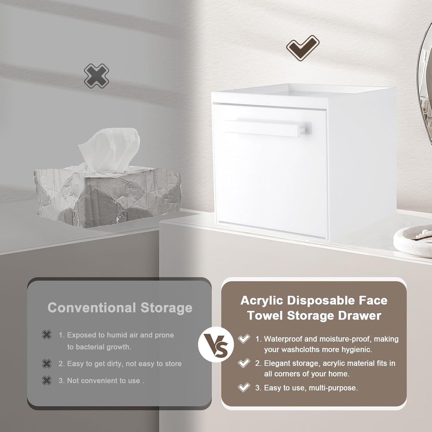 Disposable Face Towel Storage Box Compatible with Clean Skin Club Clean Towel XL Acrylic Facial Towels Holder with Drawer Wall-Mounted Makeup Organizer for Vanity, Bathroom (Glossy White)