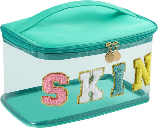 Personalized Chenille Letter Clear Skin Makeup Bag, Large Size Waterproof Nylon Cosmetic Toiletry Storage bag with Top Handle, Transparent Meds Skin Travel Organizer Cosmetic Bag(08Skin-Green)