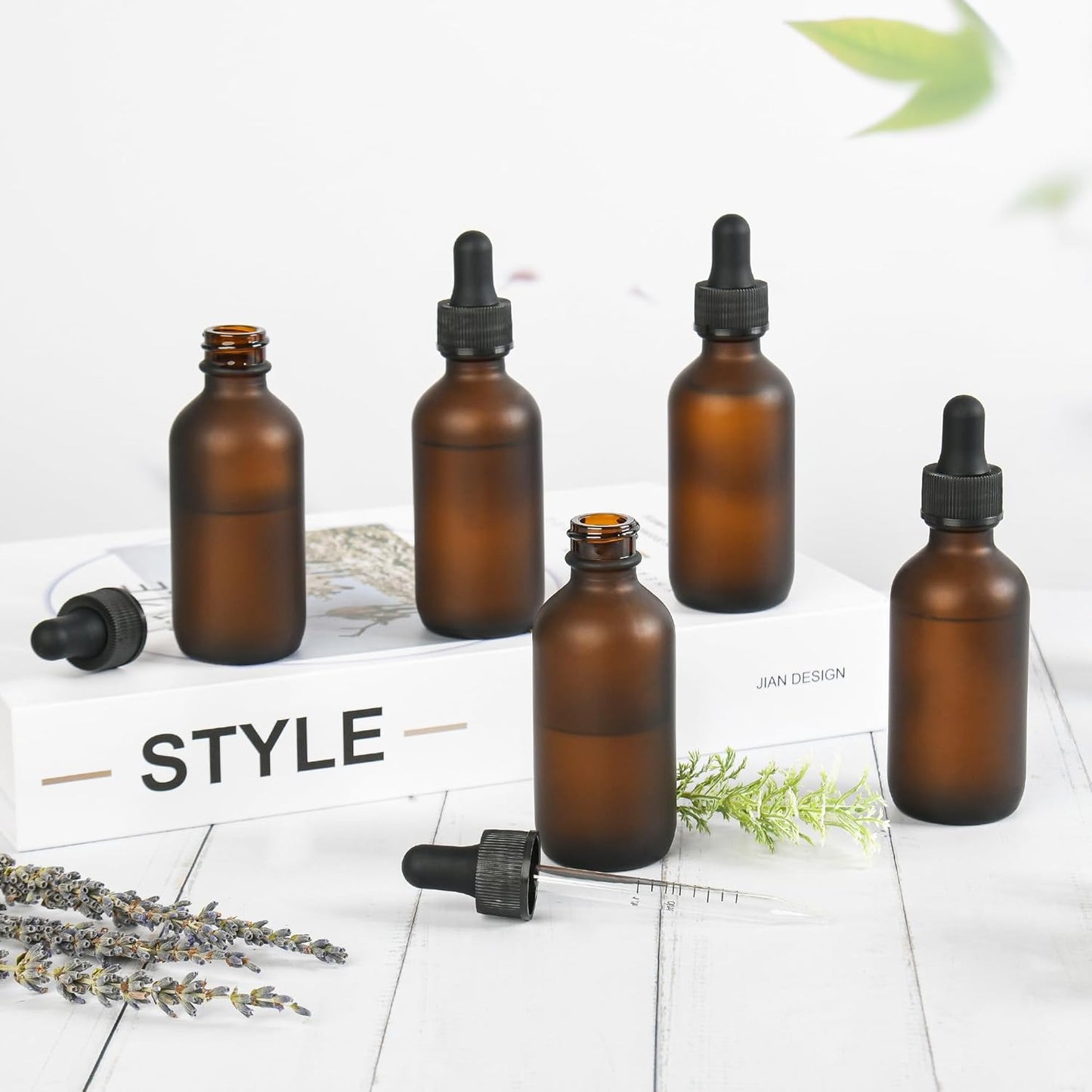 BILLIONSTARS 24 Pack 2oz Glass Boston Round Bottle with Graduated Calibrated Glass Pipettes - Amber Frosted - Tincture Bottles for Essential Oils, Liquids - Leakproof Travel Bottles