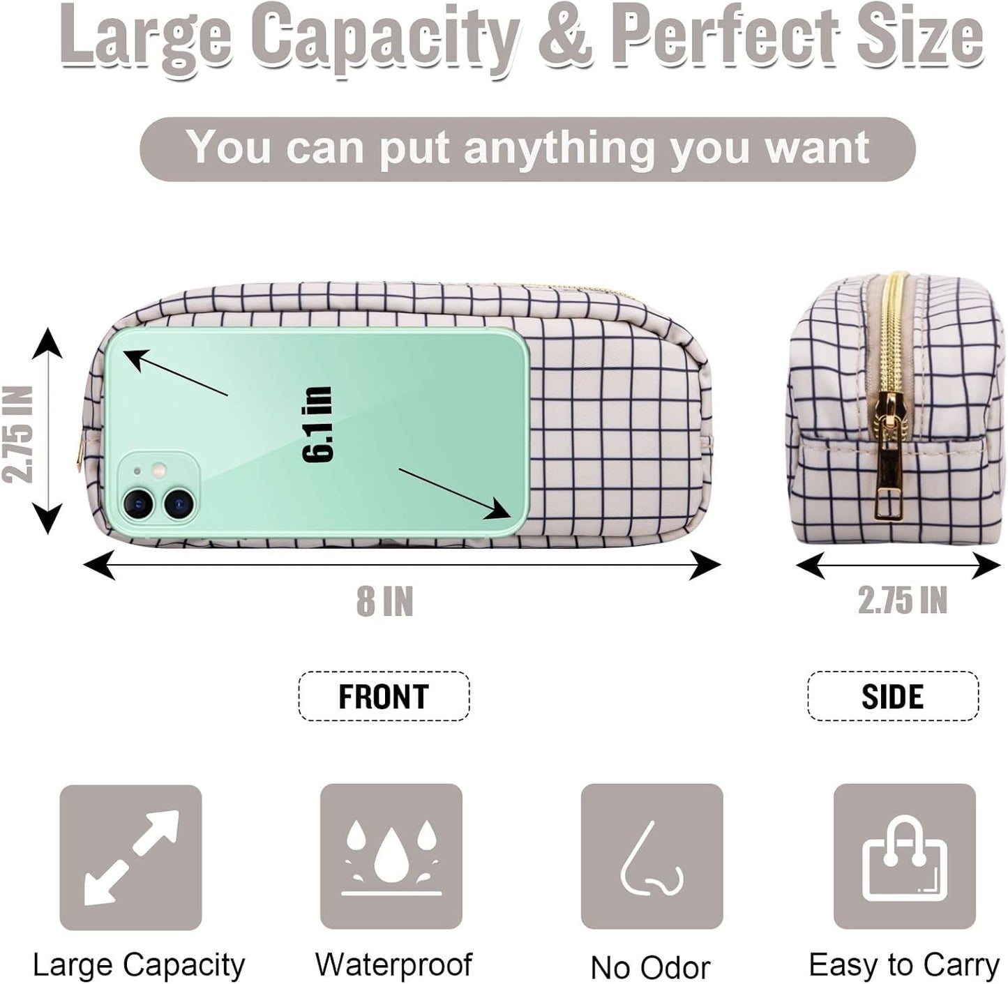 Nylon Slim Makeup Bag, Cute Makeup Brush Bag Checkered Makeup Bag Preppy Cosmetic Zipper Pouch for Purse, Travel Toiletry Bag Coin Pouch Make Up Organizer for Women Men Girls