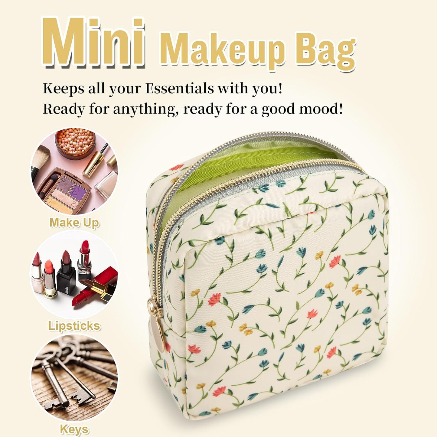 Nylon Mini Floral Makeup Bag for Purse, Small Cute Makeup Bag Preppy Cosmetic Zipper Pouch, Waterproof Travel Set Coin Pouch Sanitary Napkin Storage Bag Makeup Organizer for Women(Light Yellow-Flower)