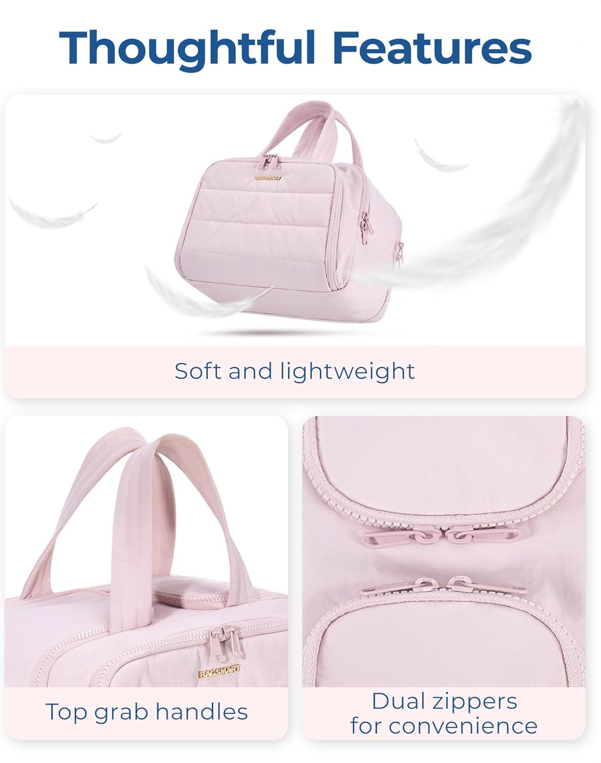 BAGSMART Travel Toiletry Bag, Lightweight Large Wide-open Travel Bag for Women, Puffy Cosmetic Makeup Bag Organizer with Handle for Accessories,Essentials, Toiletries, Pink