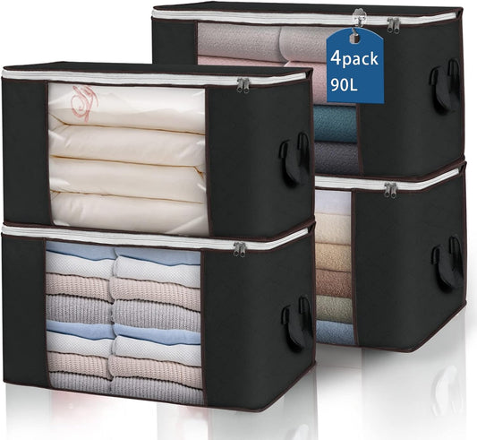 Large Storage Bags, 4 Pack Clothes Storage Bins Foldable Closet Organizers Storage Containers with Durable Handles Thick Fabric for Blanket Comforter Clothing Bedding 90 L (Black)