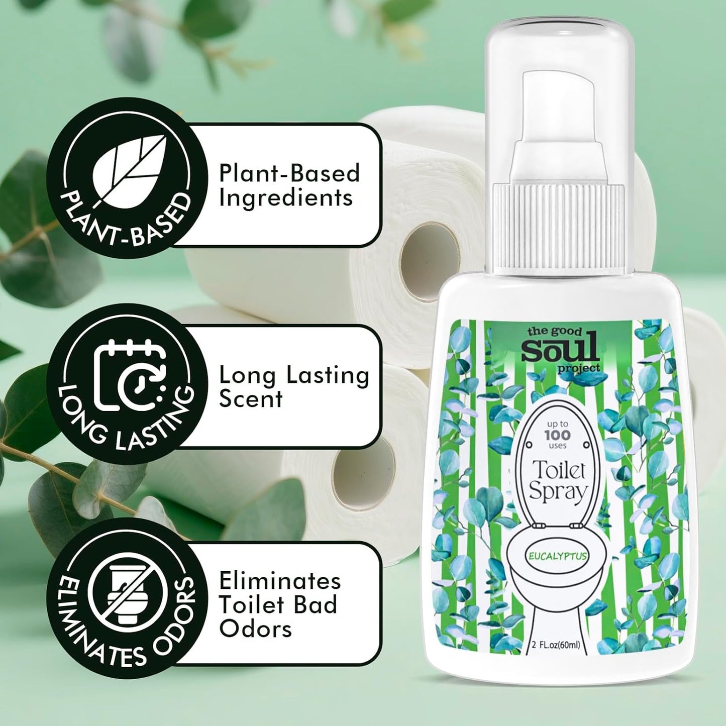 Toilet Spray, Eucalyptus, Bathroom Odor Deodorizer, 2Oz Each Travel Size Air Freshener, 2 Count