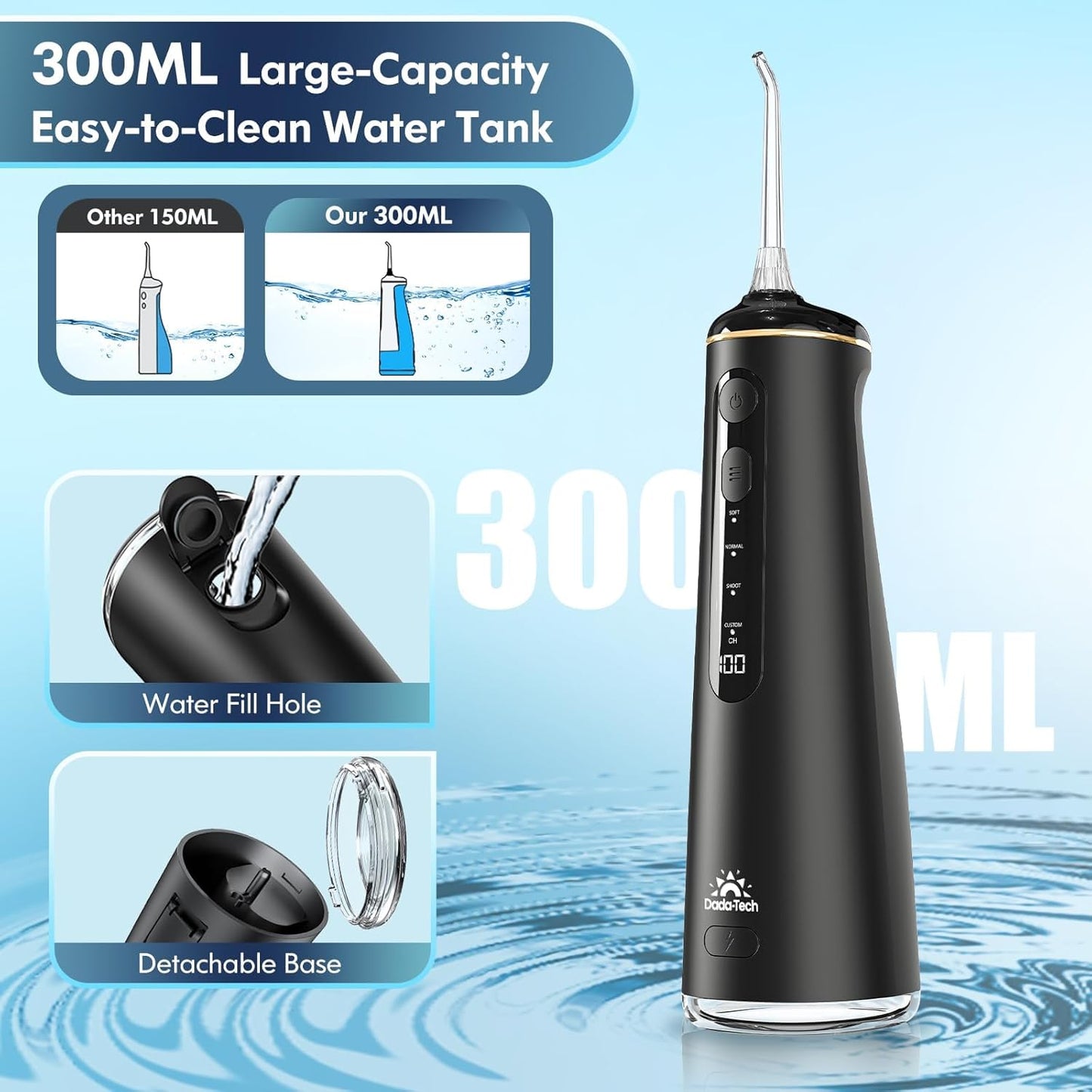 Water Flosser for Teeth, Cordless Oral Irrigator Portable Dental Cleaner Picks with 8 DIY Modes 7 Jets 300ml Tank Braces Flossers Rechargeable (Black)