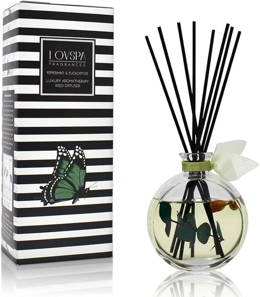 LOVSPA Reed Diffuser Set, Unwind Eucalyptus & Mint Scented Oil Diffuser with Sticks, Home Fragrance Accessories for Bathroom Shelf Decor, Aroma Diffusers for Home or Office Desk, USA Made