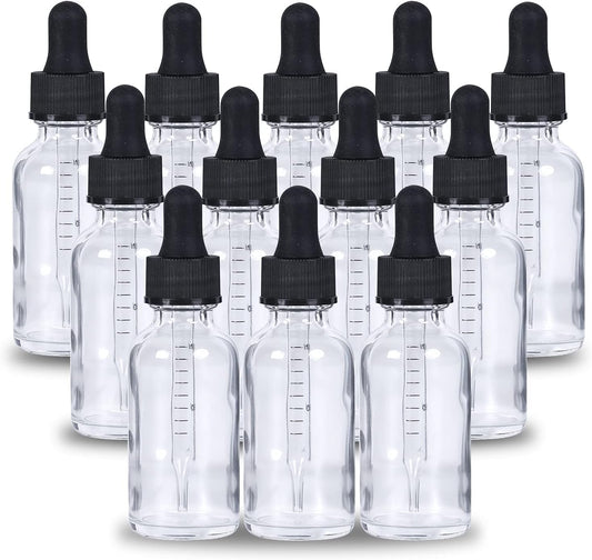2 oz Dropper Bottle 12 Pack Clear Glass Boston Bottles 60ml with Eye Droppers Black Caps for Essential Oils, Perfume, Leak Proof Travel Bottles for Liquids
