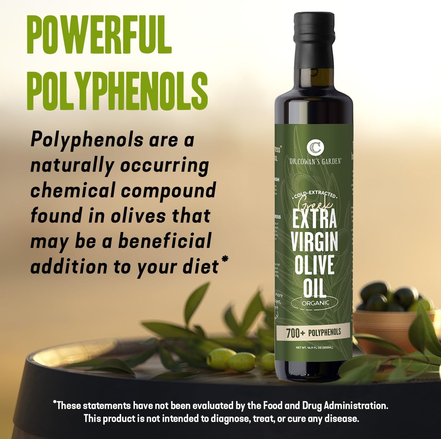 Dr. Cowan’s Garden 700+ Polyphenol Certified Organic Greek Extra Virgin Olive Oil - Single Estate Extra Virgin Olive Oil with Highest Polyphenols Sourced from Koroneiki Trees, Cold-Pressed, 16.9 FL Oz