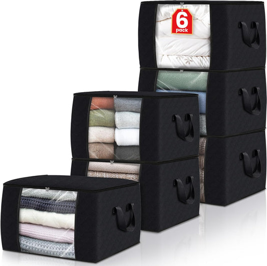 Fab totes 6 Pack Clothes Storage, Foldable Thick Fabric Blanket Storage Bags, Containers for Organizing Bedroom, Closet, Clothing, Comforter,Closet Organization with Handle,Black