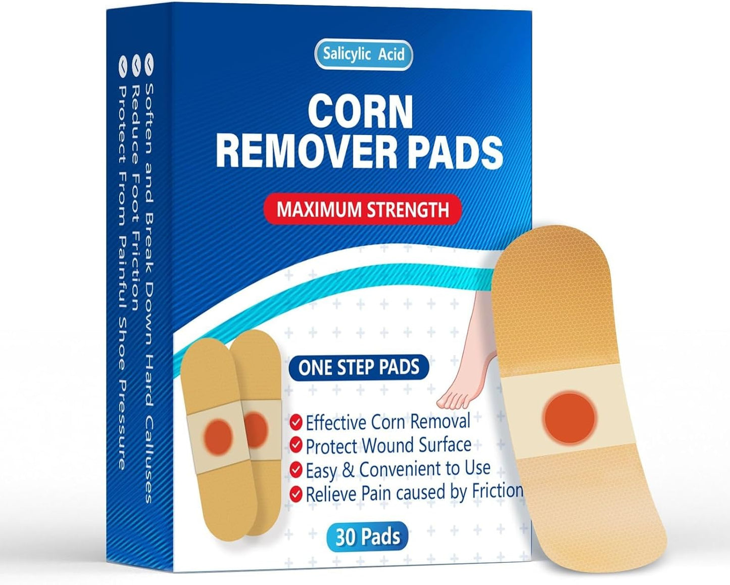 QIYANA Maximum Strength Corn Removers Pads for Feet & Toes - 40% Salicylic Acid Medicated Patches, Breathable All-Day Wear, Fast-Acting Hard Skin Treatment (30 Count)