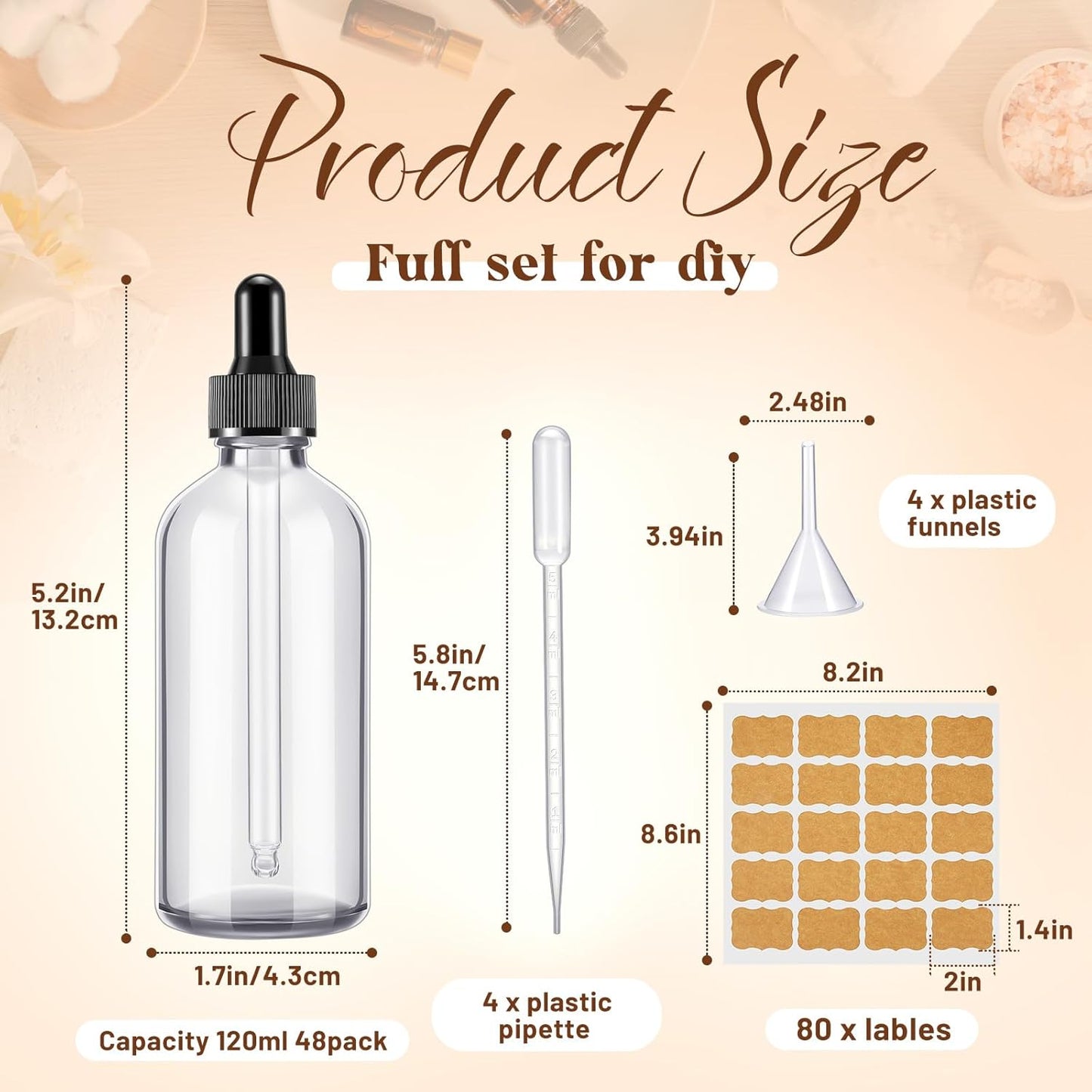 Lallisa 48 Pcs Glass Dropper Bottles with Eye Dropper Dispensers Lab Dropping Bottles with 4 Pcs Long Pipettes 4 Funnel and 80 Label for Travel Cuticle Massage Essential Oils Perfume (Clear,4 oz)