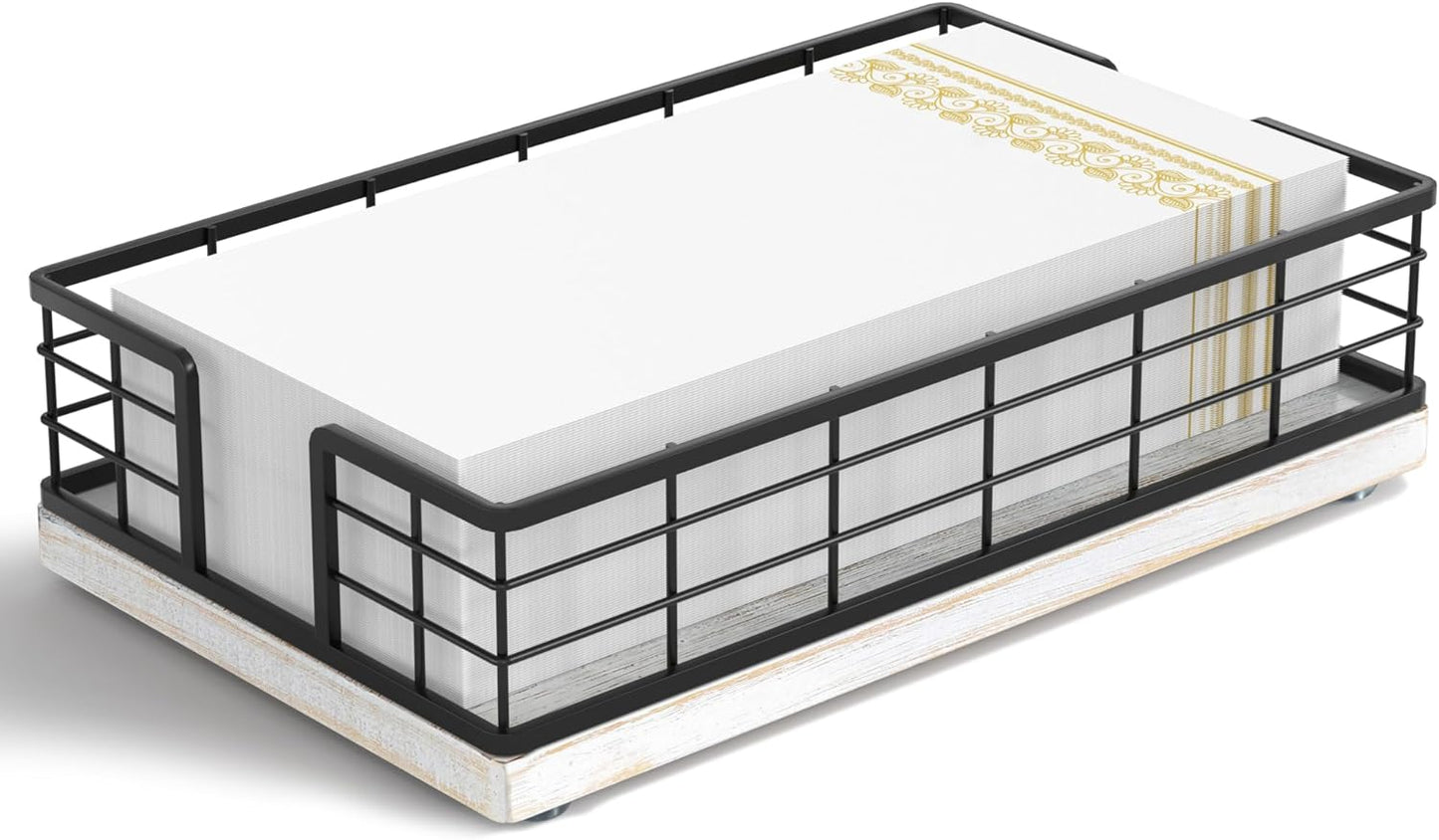 Wican Guest Towel Holder Tray for Bathroom, Oak and Iron Napkins Holder for Powder Room Dinning Table Wooden Basket for Disposable Paper Hand Towels Black and Farmhouse White