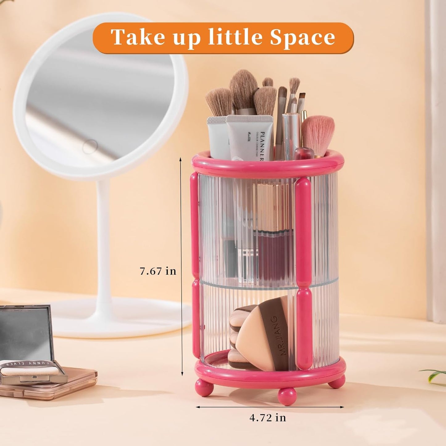 Makeup Brush Holder, 2 Tier Clear Cosmetic Tools Organizer, Round Makeup Organizer for Vanity Countertop (Rose Red)
