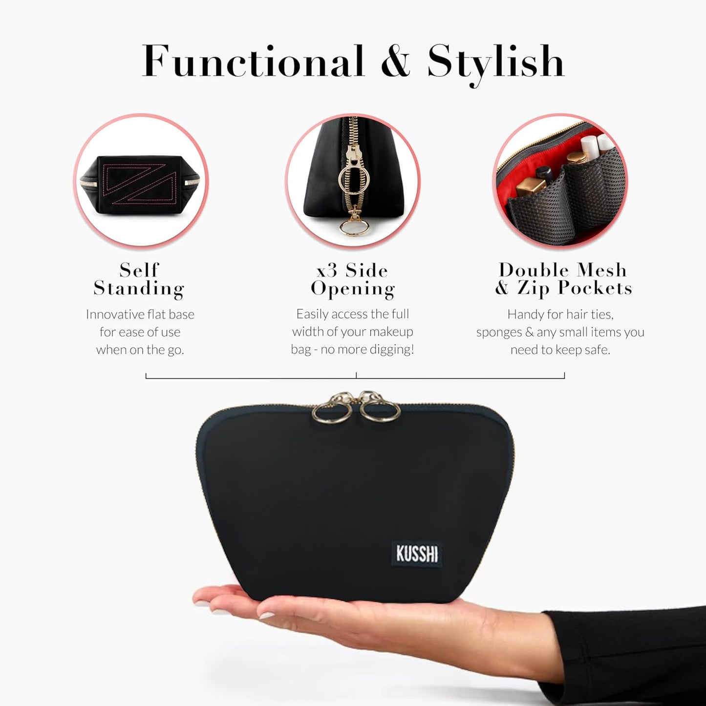 KUSSHI Washable Travel Makeup Bag for Purse (Everyday, Satin Black/Red)