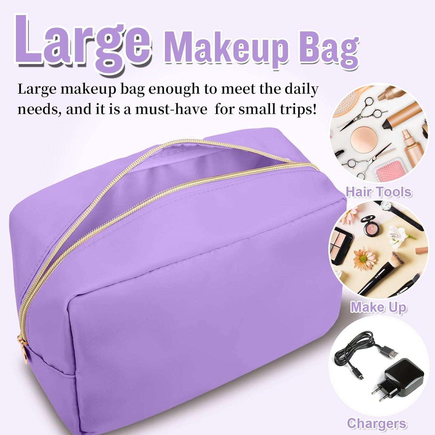 Nylon Large Makeup Bag Travel Cosmetic Bag Pouch, Preppy Big Makeup Bag Cute Cosmetic Zipper Pouch Purse, Waterproof Toiletry Bag Clutch Makeup Organizer Travel Essentials for Women Men Girls(Purple)