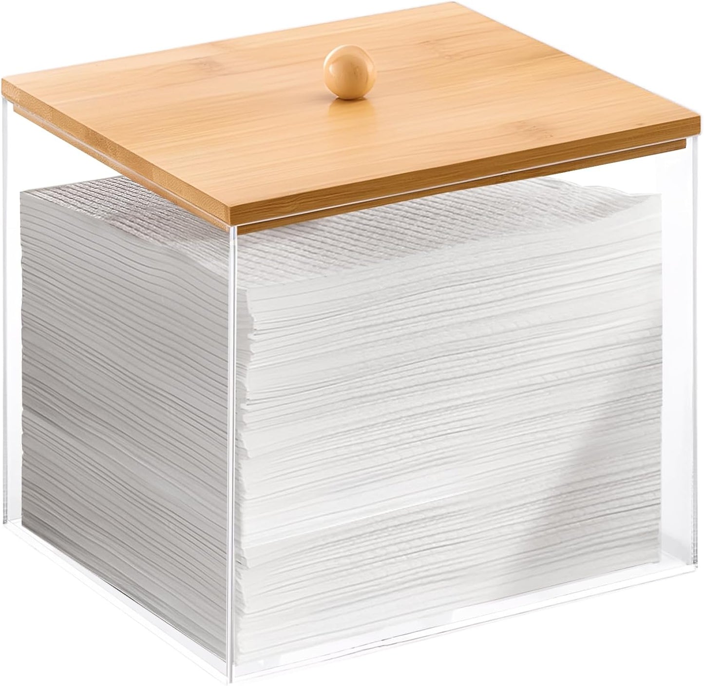 Puricon Acrylic Disposable Facial Towels Holder, Clear Storage Bin with Wood Lid Compatible with Clean Skin Club Towel (NOT Included), Face Towelettes Container for Bathroom Counter -Nature