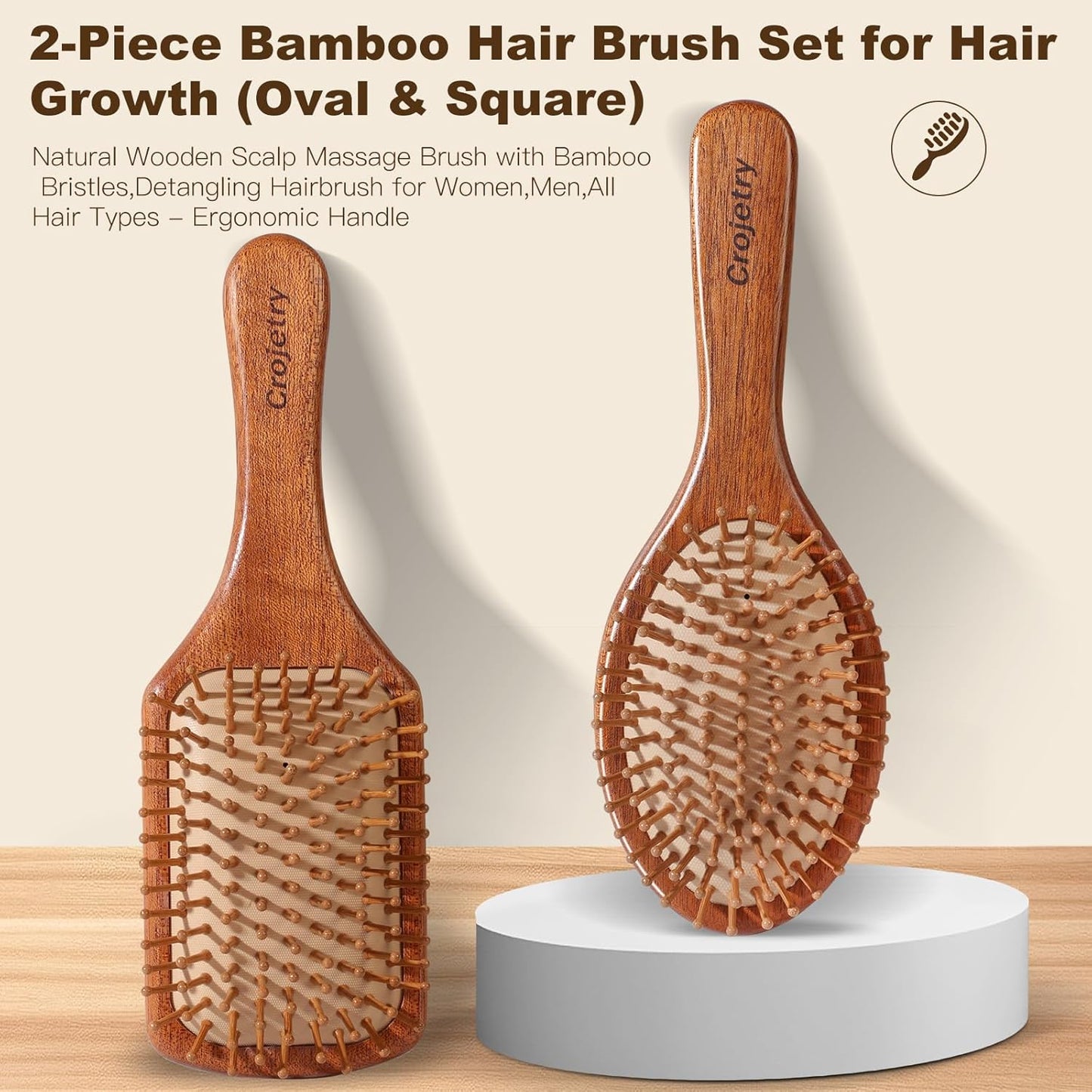 2-Piece Bamboo Hair Brush Set for Hair Growth (Oval & Square) - Natural Wooden Scalp Massage Brush with Bamboo Bristles,Detangling Hairbrush for Women,Men,All Hair Types - Ergonomic Handle